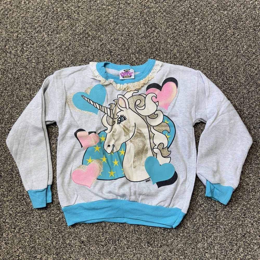Vintage Girls Athletic Works Unicorn Sweater Hearts Ruffles 80s Size 6 Rare READ